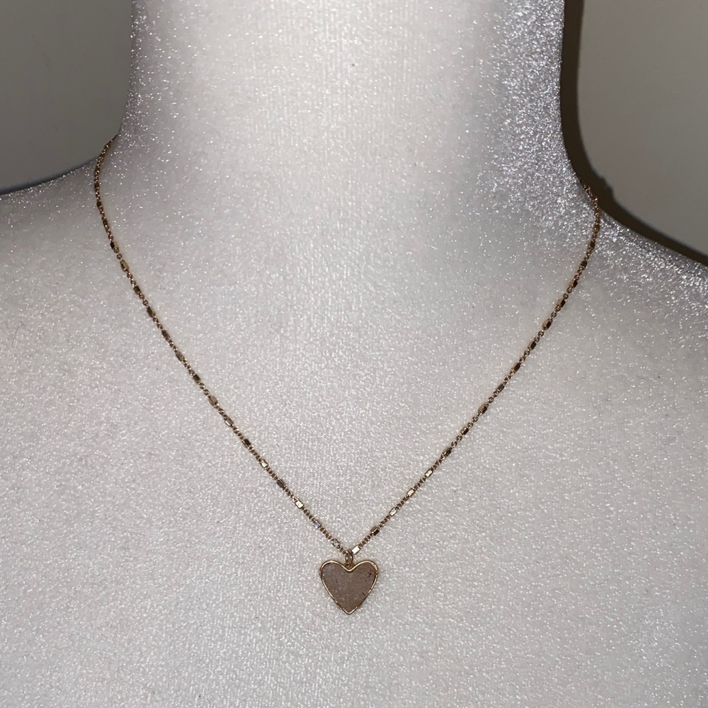 Pink druzy heart pendant necklace gold chain 16-18 length